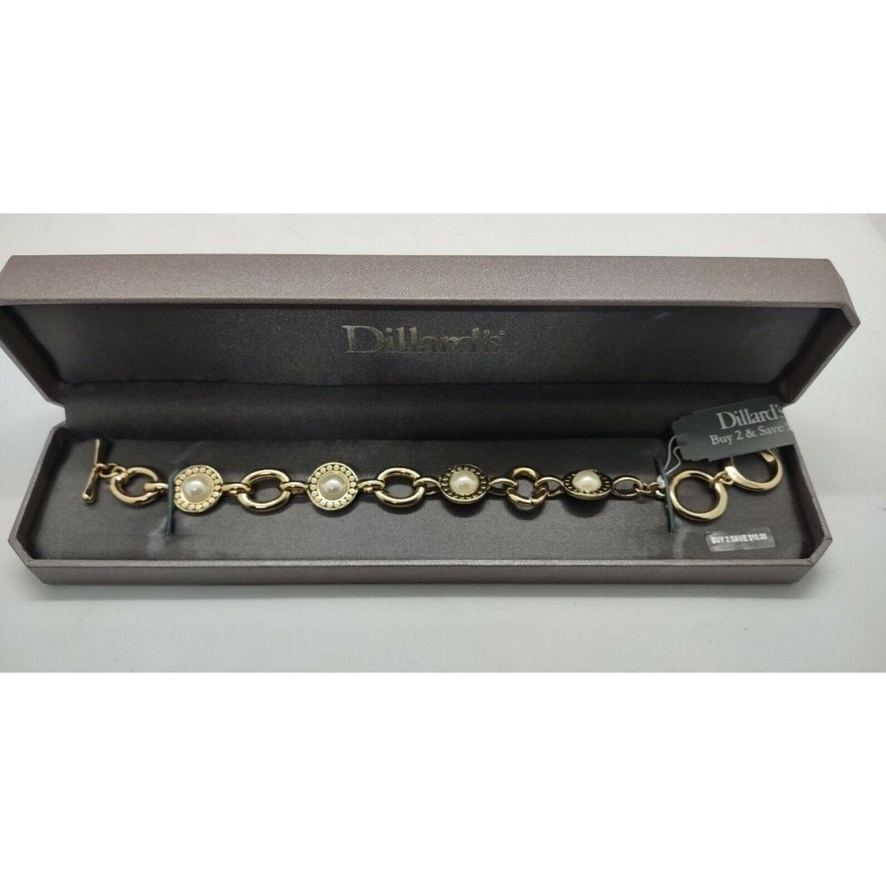 DILLIARDS 8" Gold-Tone Bracelet w/Faux Pearls W/Gift Box NEW!